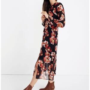 Madewell Shirred Midi Dress French Rose Black Red Floral Sheer Long Sleeve Small